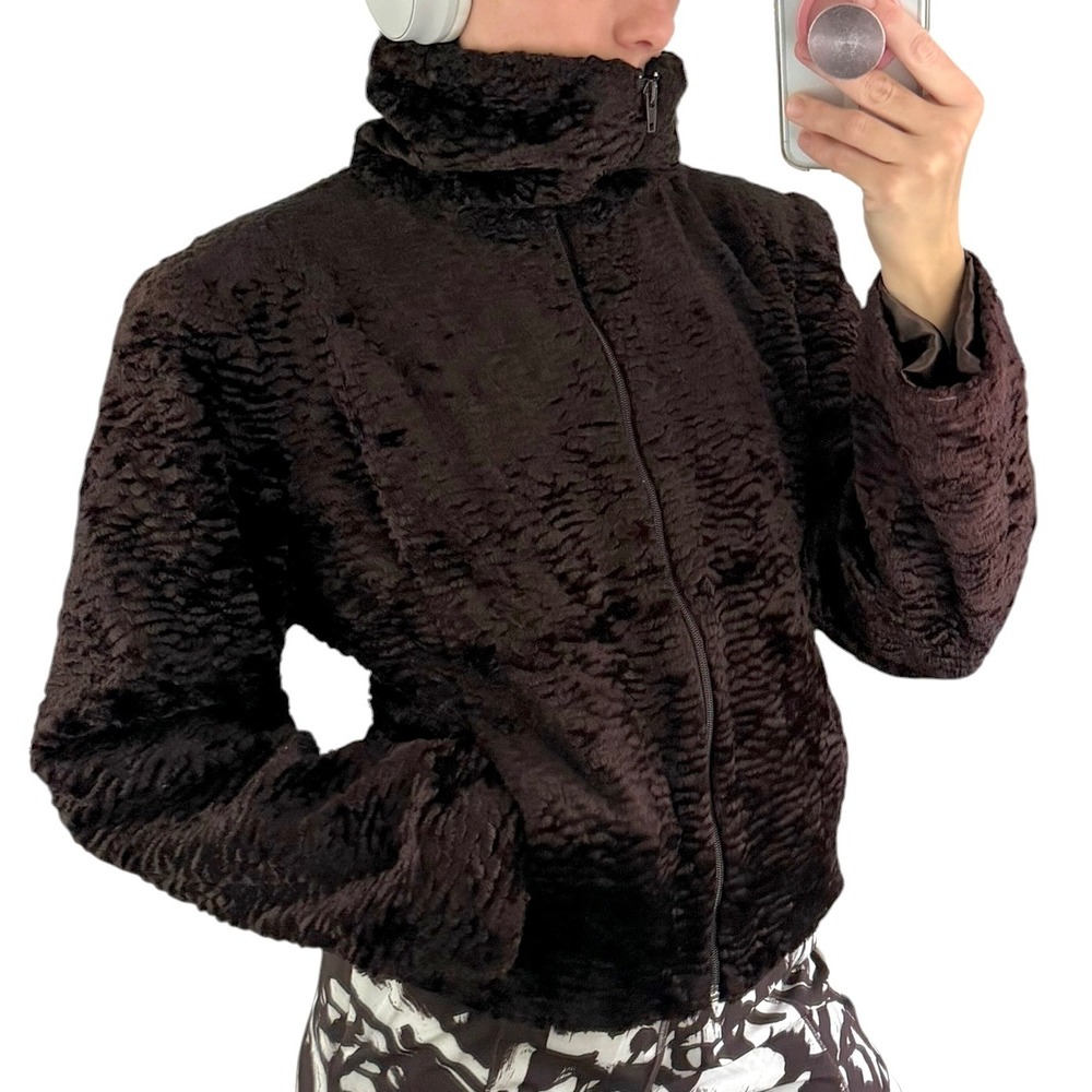 Utex Vintage Brown Faux Fur Zip Up Jacket Rippled Texture High Neck Coat Large - Picture 1 of 10